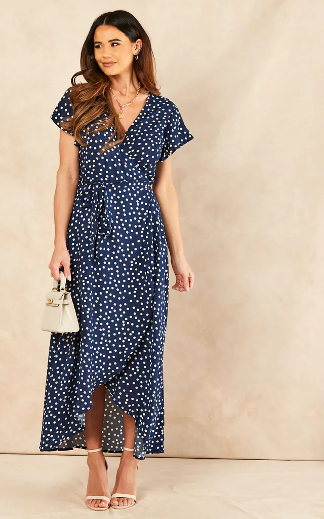 Polka Dot Midi Wrap Dress Short Sleeve Waist Tie in Navy Blue & White | Sarta | SilkFred Polka Dot Midi Wrap Dress Short Sleeve Waist Tie in Navy Blue & White | Sarta | SilkFred