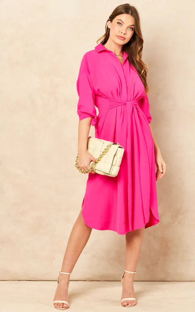 Wrap Style Shirt Midi dress in Hot Pink | Explosion London | SilkFred Wrap Style Shirt Midi dress in Hot Pink | Explosion London | SilkFred