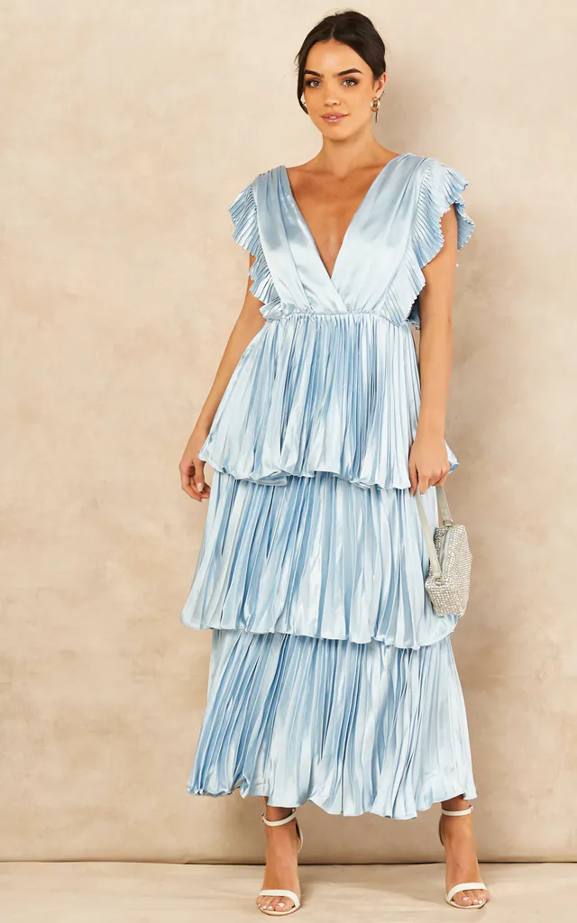 Beatrice Blue Satin V-Neck Pleated Tiered Dress | True Decadence | SilkFred Beatrice Blue Satin V-Neck Pleated Tiered Dress | True Decadence | SilkFred