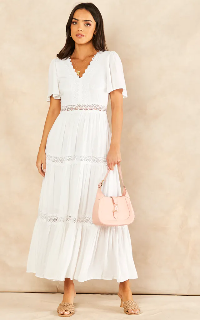 Christine Angel Sleeve Tiered Midi Dress In White | Blue Vanilla | SilkFred Christine Angel Sleeve Tiered Midi Dress In White | Blue Vanilla | SilkFred