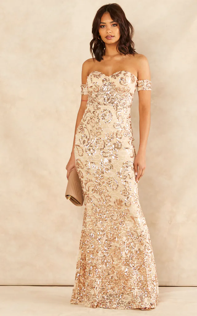 Daydreamer Rose Gold Floral Lace Sequin Embellished Off The Shoulder Bardot Cuff Maxi Dress | Nazz Collection | SilkFred Daydreamer Rose Gold Floral Lace Sequin Embellished Off The Shoulder Bardot Cuff Maxi Dress | Nazz Collection | SilkFred