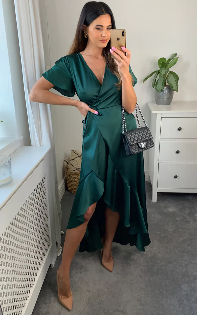 Satin Wrap Maxi Dress with Ruffled Hem Emerald Green | ANGELEYE | SilkFred Satin Wrap Maxi Dress with Ruffled Hem Emerald Green | ANGELEYE | SilkFred