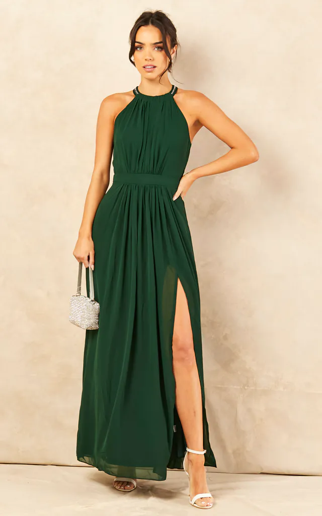 Halter Neck Maxi Dress with Leg Slit in Emerald Green | ANGELEYE | SilkFred Halter Neck Maxi Dress with Leg Slit in Emerald Green | ANGELEYE | SilkFred