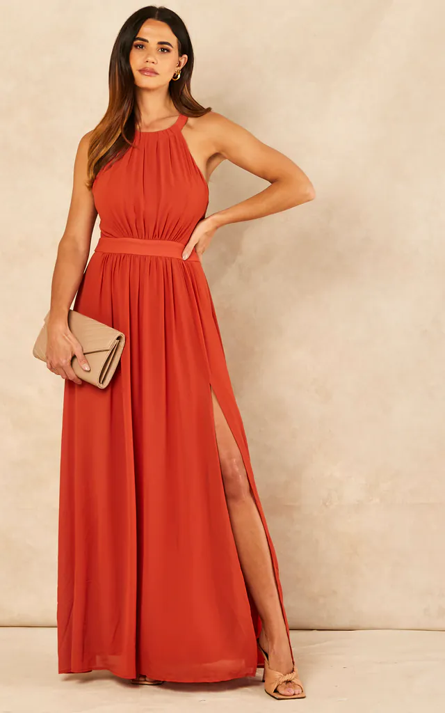 Halter Neck Maxi Dress With Leg Slit in Burnt Orange | ANGELEYE | SilkFred Halter Neck Maxi Dress With Leg Slit in Burnt Orange | ANGELEYE | SilkFred