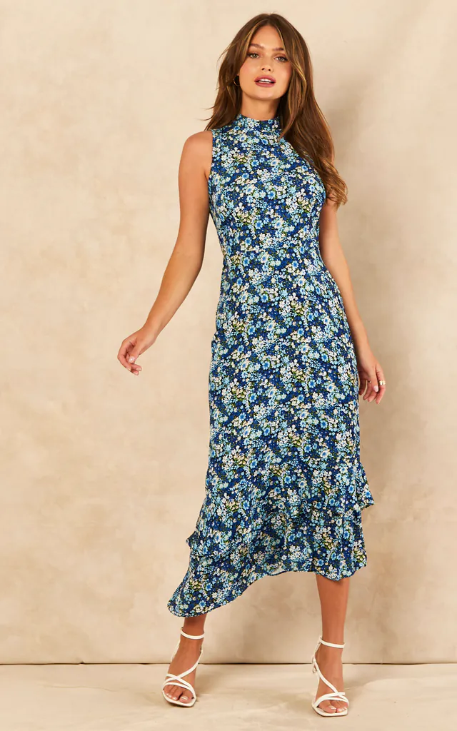 Ruffle Hem High Neck Sleeveless Dress In Blue Floral Print | Bella and Blue | SilkFred Ruffle Hem High Neck Sleeveless Dress In Blue Floral Print | Bella and Blue | SilkFred