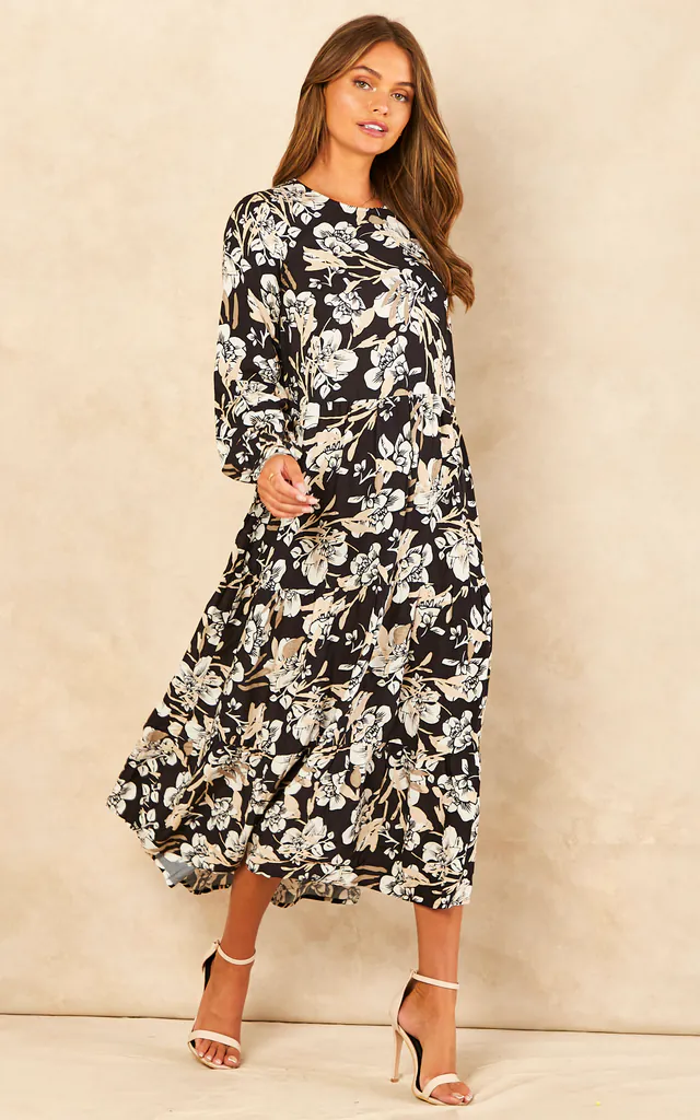 Black and White Sketched Floral Print Long Sleeve Smock Dress | Bella and Blue | SilkFred Black and White Sketched Floral Print Long Sleeve Smock Dress | Bella and Blue | SilkFred