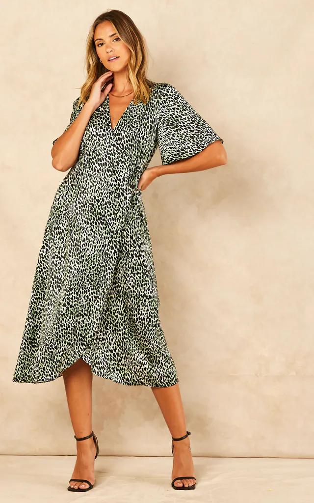 Green Animal Print Satin Midi Wrap Dress | Bella and Blue | SilkFred Green Animal Print Satin Midi Wrap Dress | Bella and Blue | SilkFred