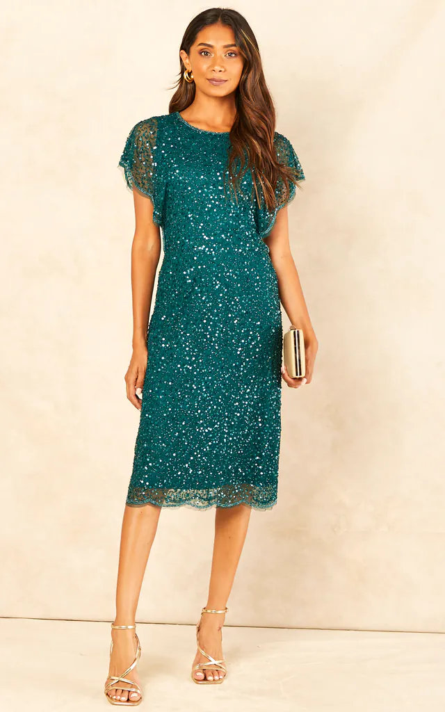 Sequin Flutter Sleeve Midi Dress In Green | ANGELEYE | SilkFred Sequin Flutter Sleeve Midi Dress In Green | ANGELEYE | SilkFred