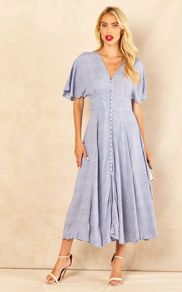 MEGAN Blue Floral Button Front Maxi Dress with Shirred Back | Blue Vanilla | SilkFred MEGAN Blue Floral Button Front Maxi Dress with Shirred Back | Blue Vanilla | SilkFred