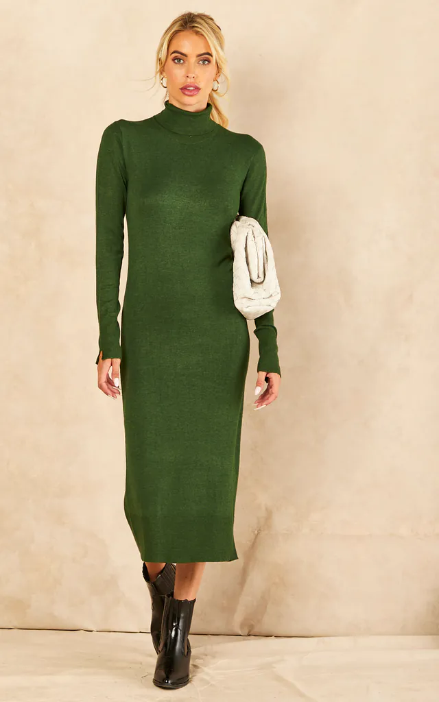 Roll Neck Knitted Midi Dress in Forest Green | JJXX | SilkFred Roll Neck Knitted Midi Dress in Forest Green | JJXX | SilkFred