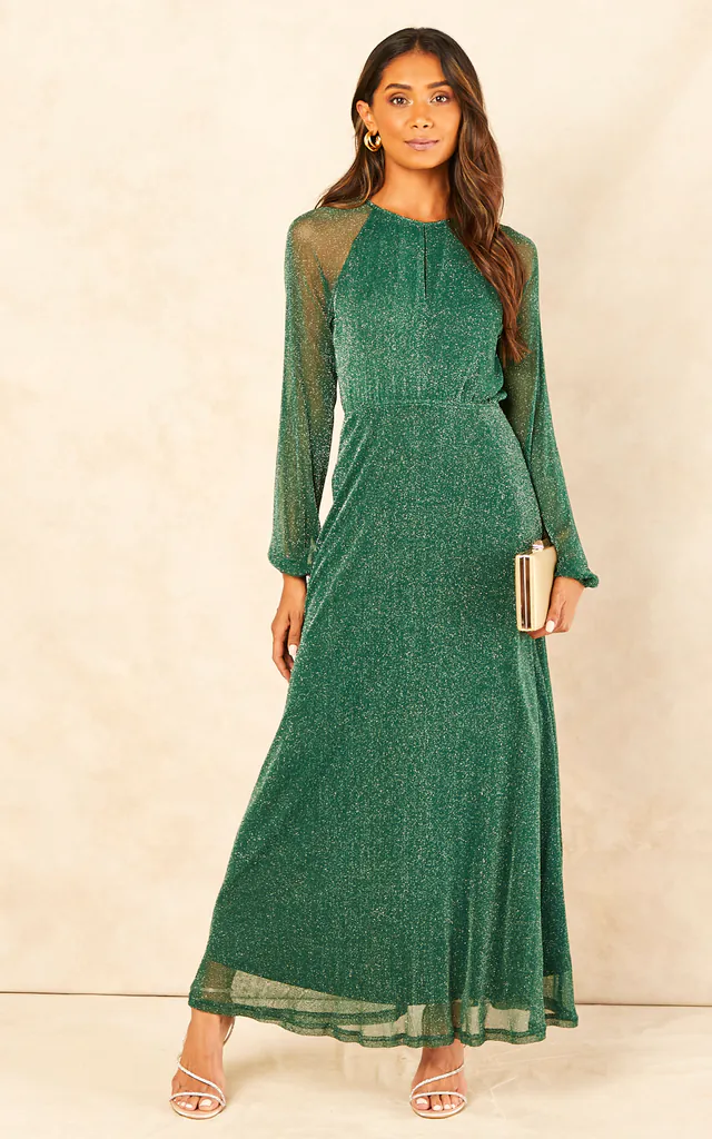 Sparkly Lurex Flickering Chiffon Long Sleeve Maxi Dress in Emerald Green | ANGELEYE | SilkFred Sparkly Lurex Flickering Chiffon Long Sleeve Maxi Dress in Emerald Green | ANGELEYE | SilkFred