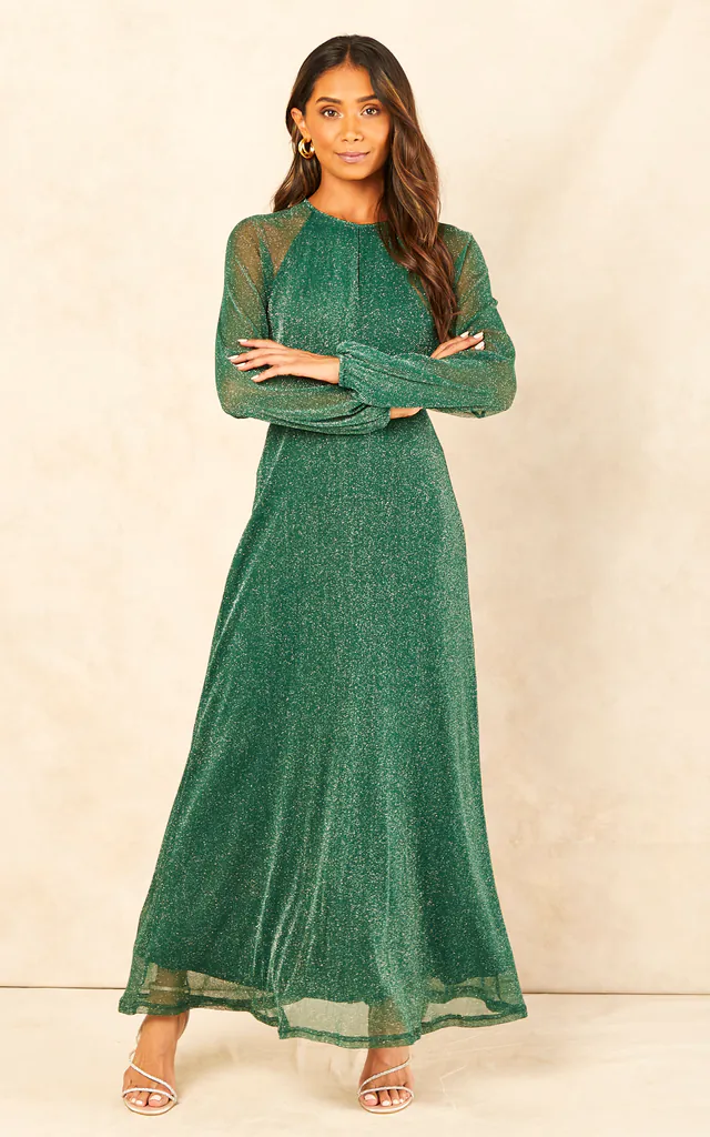 Sparkly Lurex Flickering Chiffon Long Sleeve Maxi Dress in Emerald Green | ANGELEYE | SilkFred Sparkly Lurex Flickering Chiffon Long Sleeve Maxi Dress in Emerald Green | ANGELEYE | SilkFred