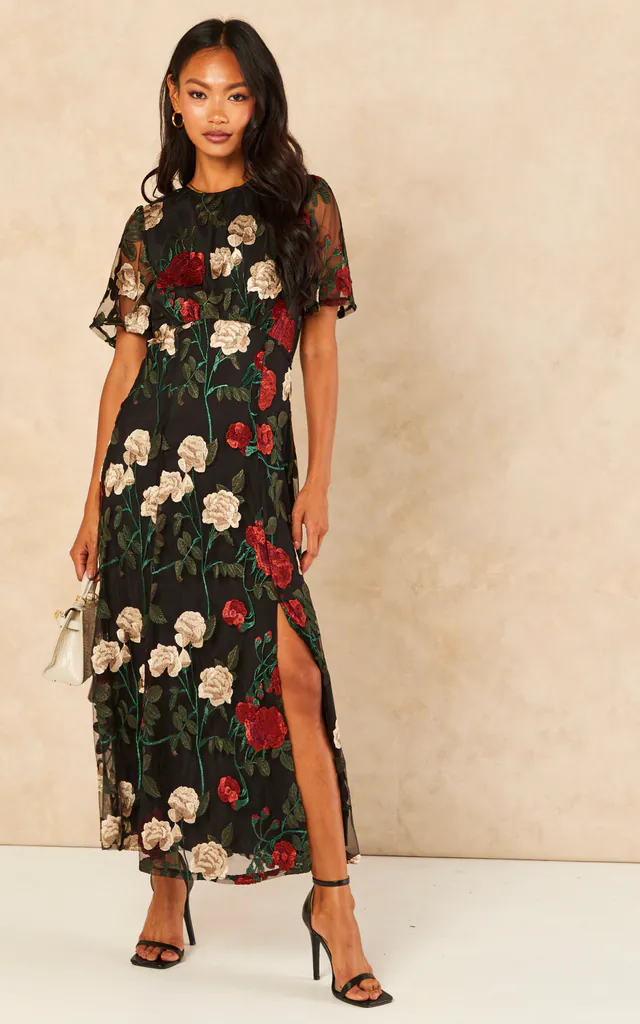 Black Angel Sleeves Embroidered Occasion Midi Dress | Gini London | SilkFred Black Angel Sleeves Embroidered Occasion Midi Dress | Gini London | SilkFred