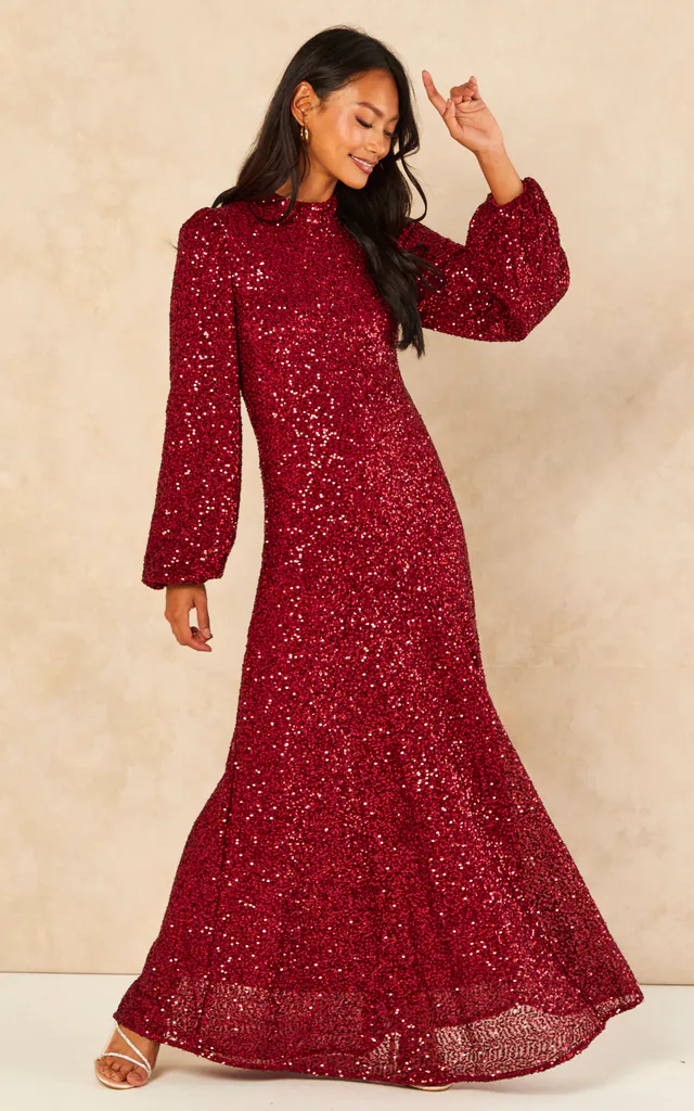 Burgundy Sequin High Neck Occasion Midi Dress | Gini London | SilkFred Burgundy Sequin High Neck Occasion Midi Dress | Gini London | SilkFred