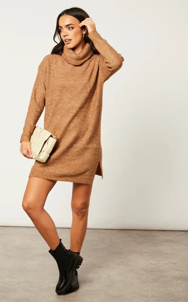 Long Sleeve Roll Neck Knitted Dress In Light Brown | VILA | SilkFred Long Sleeve Roll Neck Knitted Dress In Light Brown | VILA | SilkFred