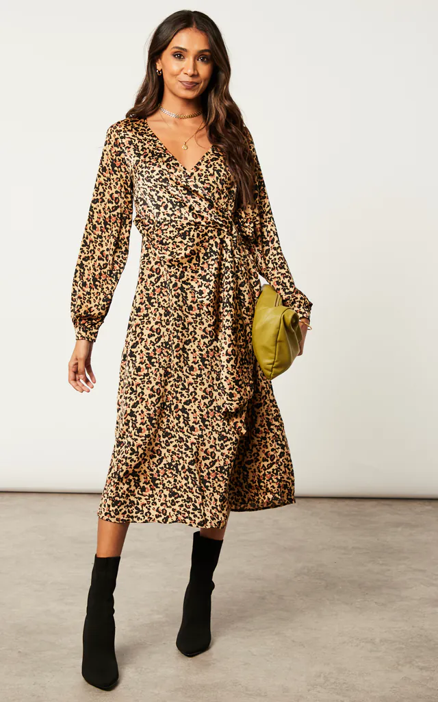 Leopard Print Wrap Midi Dress In Brown | Blue Vanilla | SilkFred Leopard Print Wrap Midi Dress In Brown | Blue Vanilla | SilkFred