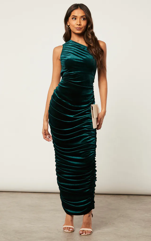 GREEN VELVET ONE SHOULDER RUCHED MAXI DRESS | SIGNAGE | SilkFred GREEN VELVET ONE SHOULDER RUCHED MAXI DRESS | SIGNAGE | SilkFred