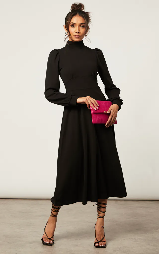 BLACK TURTLE NECK LONG SLEEVE SKATER MIDI DRESS WITH KEYHOLE | SIGNAGE | SilkFred BLACK TURTLE NECK LONG SLEEVE SKATER MIDI DRESS WITH KEYHOLE | SIGNAGE | SilkFred
