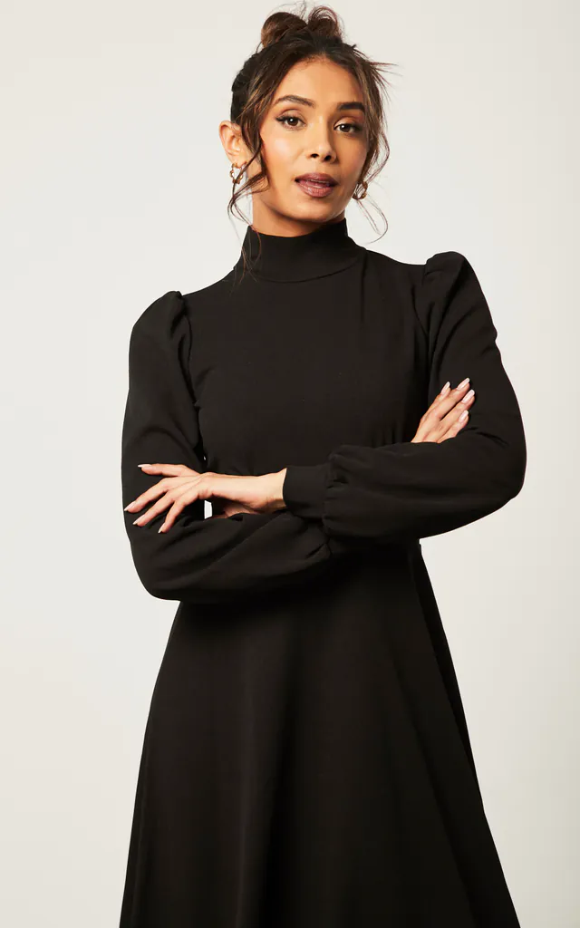 BLACK TURTLE NECK LONG SLEEVE SKATER MIDI DRESS WITH KEYHOLE | SIGNAGE | SilkFred BLACK TURTLE NECK LONG SLEEVE SKATER MIDI DRESS WITH KEYHOLE | SIGNAGE | SilkFred