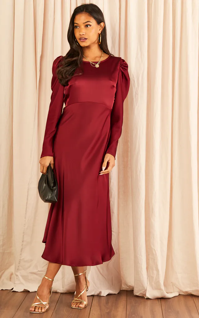 Exclusive Blair Long Sleeve Satin Midi Dress - Burgundy | LIENA | SilkFred Exclusive Blair Long Sleeve Satin Midi Dress - Burgundy | LIENA | SilkFred