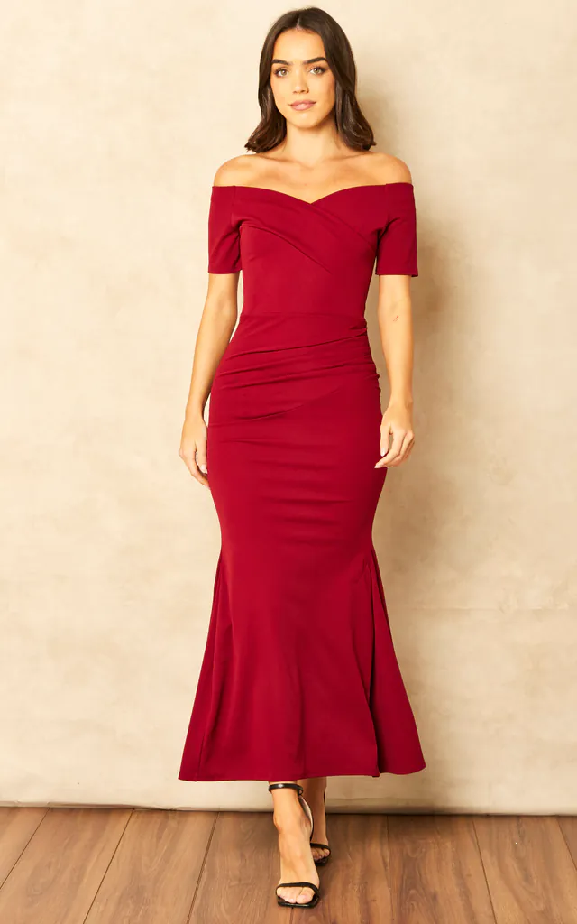 Feverfish Burgundy Bardot Frill Dress A Little Cold Shoulder Smoulder Via The Bardot Midi ? Shake Up Feverfish Burgundy Bardot Frill Dress A Little Cold Shoulder Smoulder Via The Bardot Midi ? Shake Up