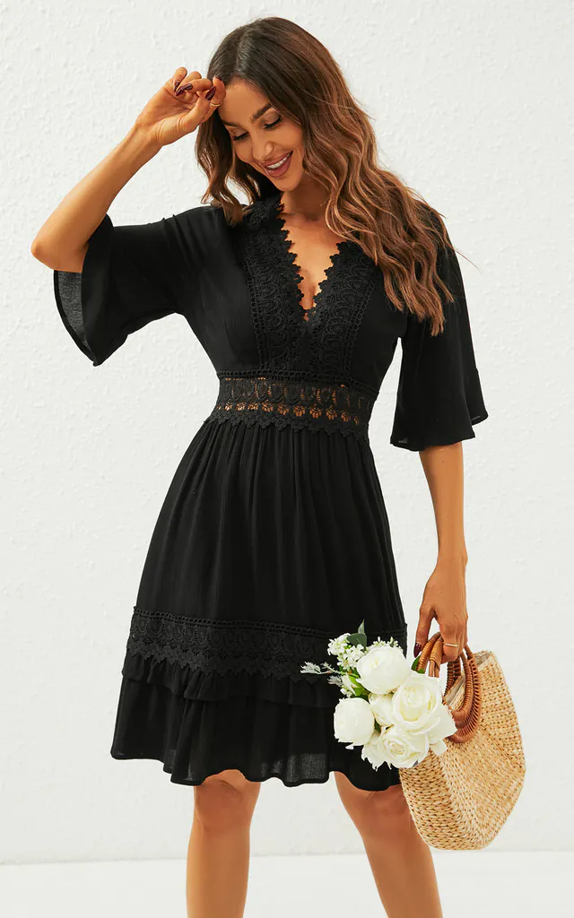 V Neck Lace Mini Dress In Black | FS Collection | SilkFred V Neck Lace Mini Dress In Black | FS Collection | SilkFred