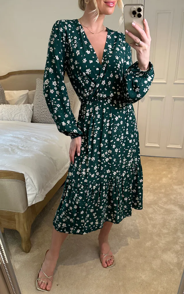 Green Ditsy Dot Wrap Midi Dress | APRICOT | SilkFred Green Ditsy Dot Wrap Midi Dress | APRICOT | SilkFred
