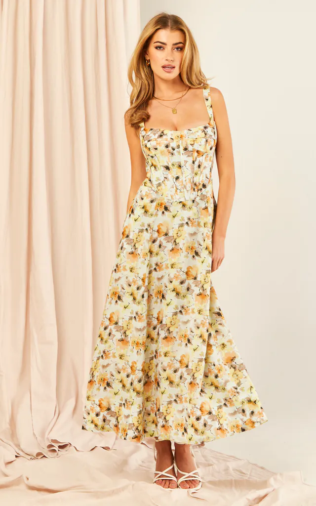 Midi Corset Dress in Yellow Floral Print | Bardot | SilkFred Midi Corset Dress in Yellow Floral Print | Bardot | SilkFred