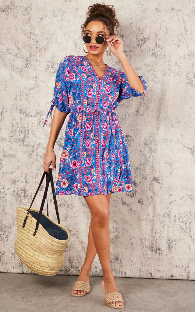 Purple Pink Peach Floral Printed Skater Dress In Blue | FS Collection | SilkFred Purple Pink Peach Floral Printed Skater Dress In Blue | FS Collection | SilkFred