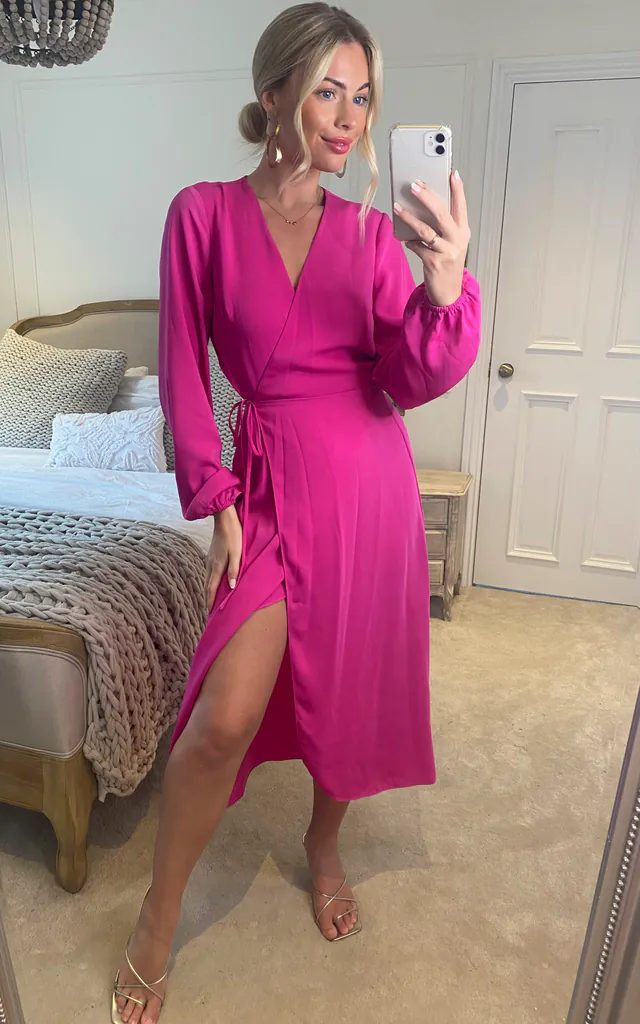 hot pink long sleeve midi dress Hot Pink Sweetheart Neckline Midi Dress with Voluminous Sleeves