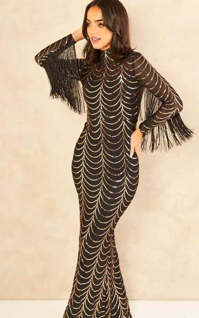 Venus Black Gold Luxe High Neck Tassel Fringe Sequin Embellished Illusion Long Sleeve Maxi Dress | Nazz Collection | SilkFred Venus Black Gold Luxe High Neck Tassel Fringe Sequin Embellished Illusion Long Sleeve Maxi Dress | Nazz Collection | SilkFred