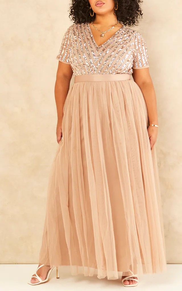 Taupe Blush Stripe Embellished Bridesmaid Maxi Dress With Sash Belt | Maya Deluxe | SilkFred Taupe Blush Stripe Embellished Bridesmaid Maxi Dress With Sash Belt | Maya Deluxe | SilkFred