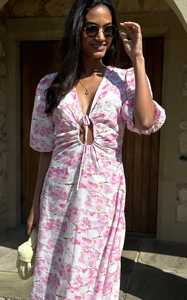 Pink Floral Ruched V Neck Midi Dress | Bardot | SilkFred Pink Floral Ruched V Neck Midi Dress | Bardot | SilkFred