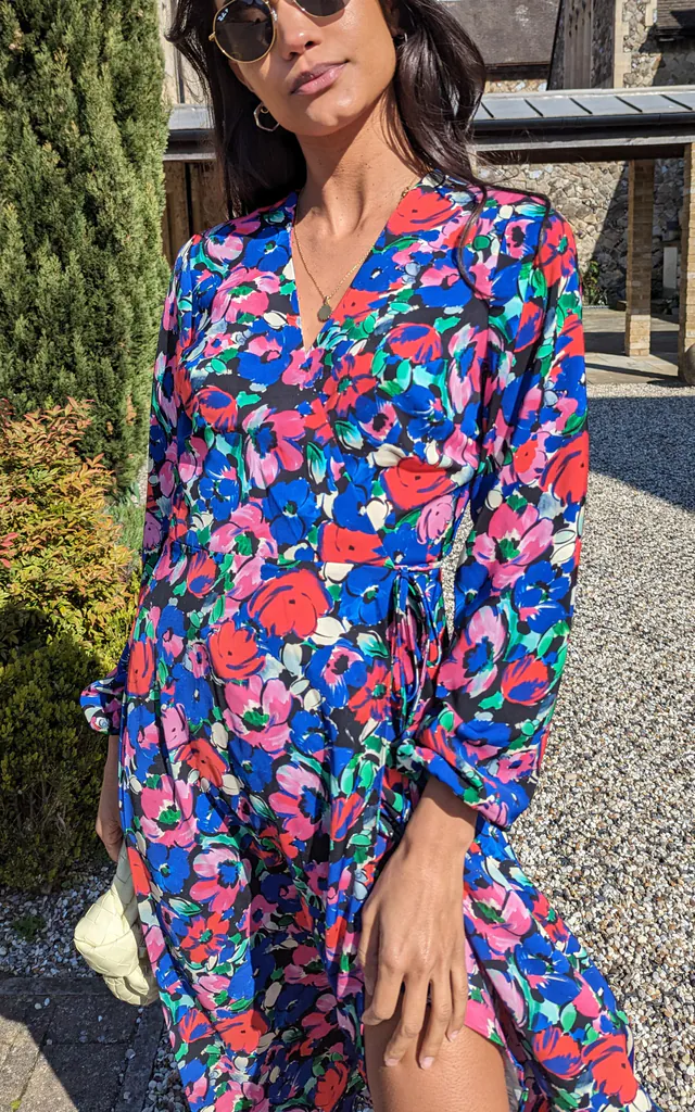 Long Sleeve Midi Wrap Dress in Blue and Red Floral Print | Bella and Blue | SilkFred Long Sleeve Midi Wrap Dress in Blue and Red Floral Print | Bella and Blue | SilkFred