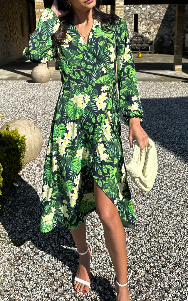 Long Sleeve Midi Wrap Dress in Green Tropical Print Long Sleeve Midi Wrap Dress in Green Tropical Print