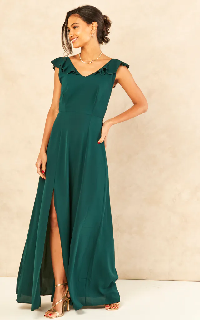 Sleeveless V Neck Tie Back Maxi Dress In Dark Green | John Zack | SilkFred Sleeveless V Neck Tie Back Maxi Dress In Dark Green | John Zack | SilkFred