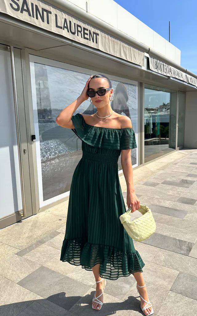 forest green bardot dress John Charles / 29289 Midi Dress Bardot Collar with Beading Forest Gree Thirty Three Boutique