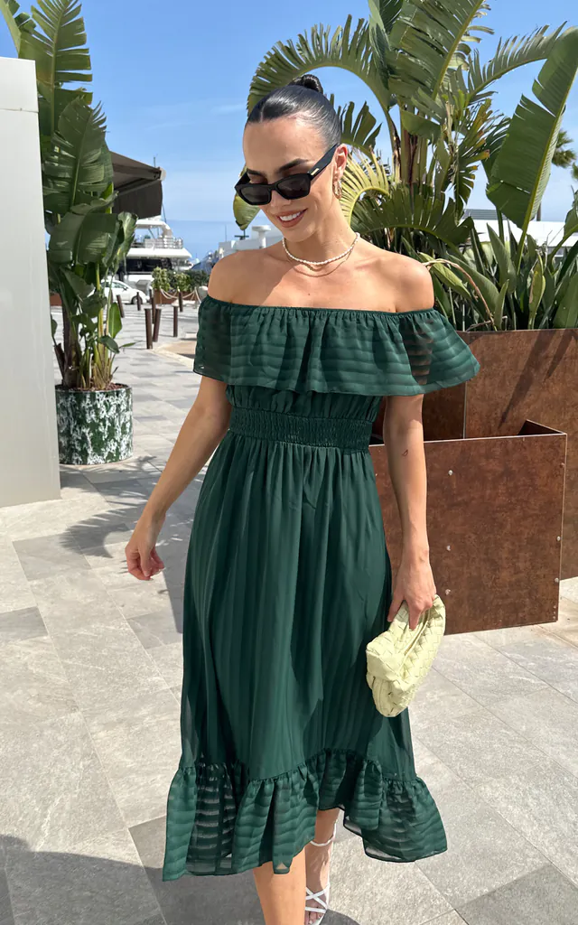 Bardot Maxi Dress in Forest Green | Bella and Blue | SilkFred Bardot Maxi Dress in Forest Green | Bella and Blue | SilkFred