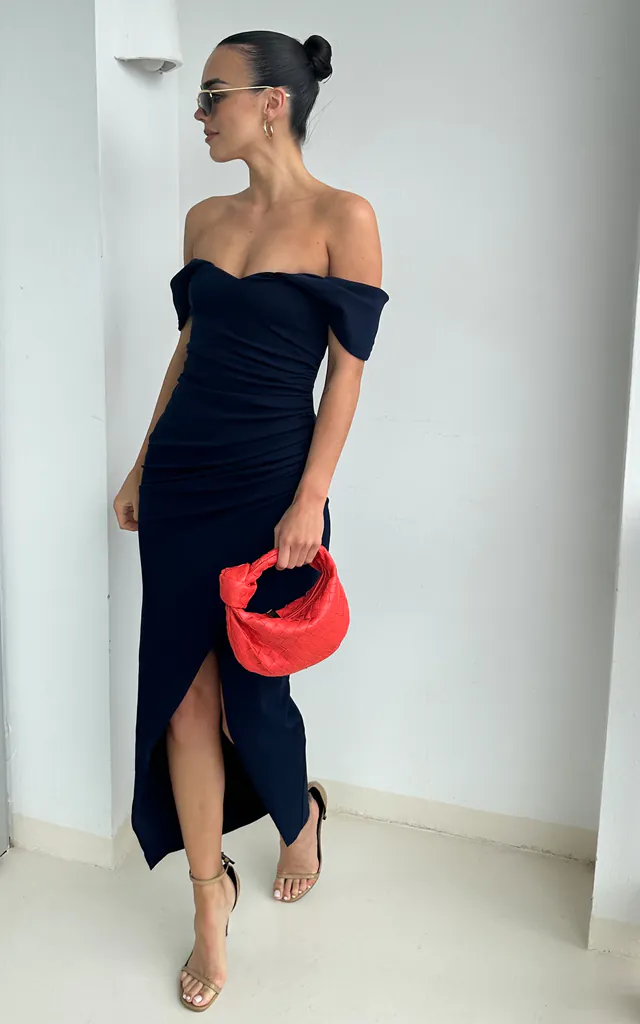 Navy Bardot Midi Dress with Ruched Side | Edie b. | SilkFred Navy Bardot Midi Dress with Ruched Side | Edie b. | SilkFred