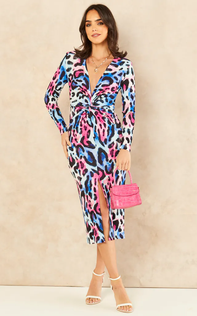 Long Sleeve Twist Midi dress in Blue Pink Leopard print | Jenerique | SilkFred Long Sleeve Twist Midi dress in Blue Pink Leopard print | Jenerique | SilkFred
