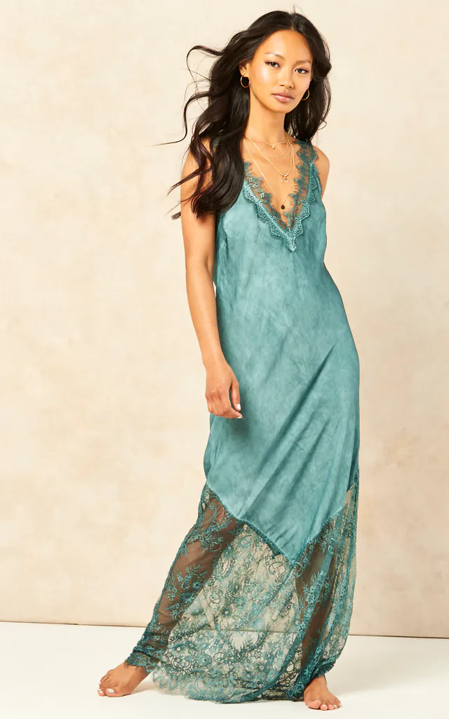Satin V Neck Slip Dress with Lace Detail in Emerald Green | Charli | SilkFred Satin V Neck Slip Dress with Lace Detail in Emerald Green | Charli | SilkFred