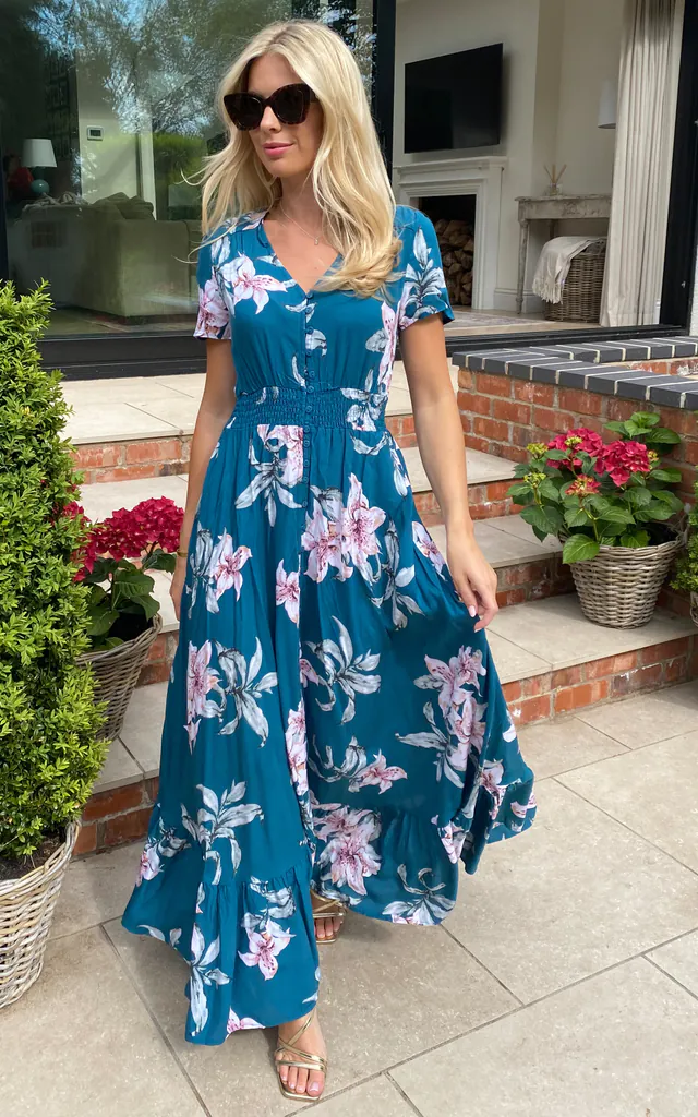 Teal Floral Fit & Flare Maxi Dress | Izabel London | SilkFred Teal Floral Fit & Flare Maxi Dress | Izabel London | SilkFred