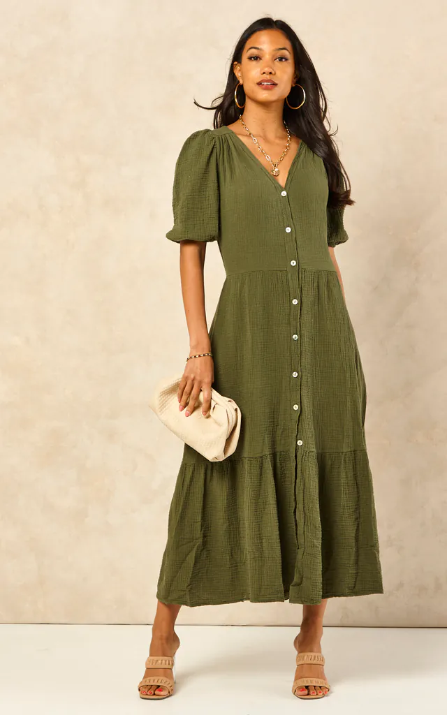 Khaki Tiered Smock Midi Dress | Charli | SilkFred Khaki Tiered Smock Midi Dress | Charli | SilkFred