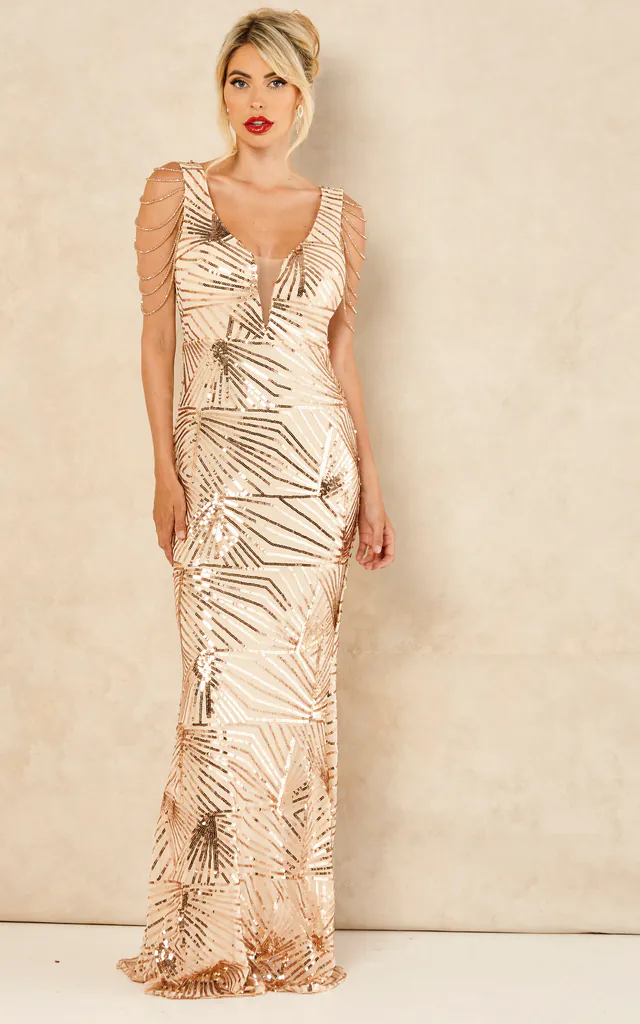 Centerpiece Rose Gold Plunge Luxe Beaded Shoulder Fringe Sequin Embellished Illusion Maxi Dress | Nazz Collection | SilkFred Centerpiece Rose Gold Plunge Luxe Beaded Shoulder Fringe Sequin Embellished Illusion Maxi Dress | Nazz Collection | SilkFred