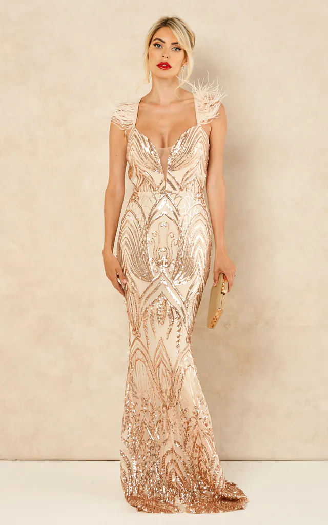 Trophy Rose Gold Luxe Plunge Tribal Sequin Embellished Illusion Feather Shoulder Open Back Maxi Dress | Nazz Collection | SilkFred Trophy Rose Gold Luxe Plunge Tribal Sequin Embellished Illusion Feather Shoulder Open Back Maxi Dress | Nazz Collection | SilkFred