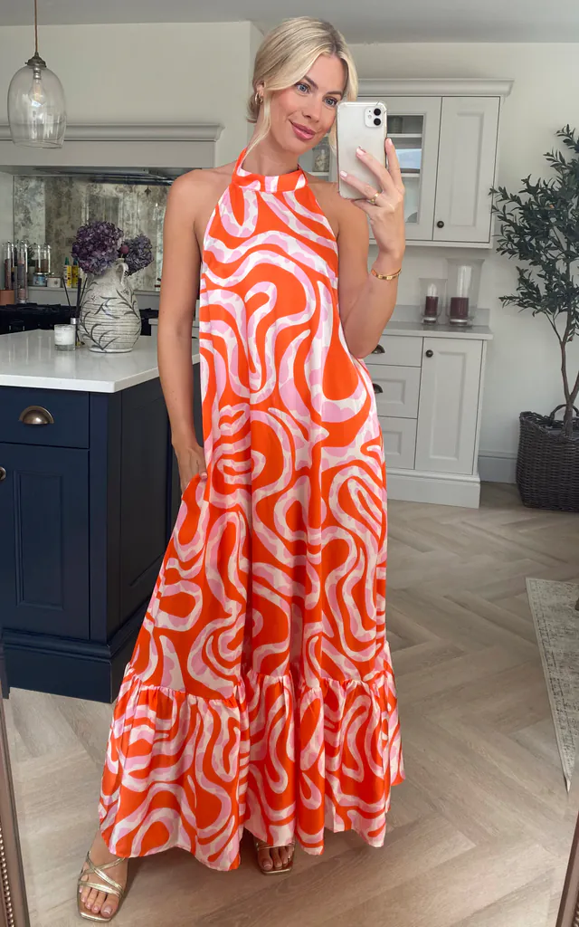 Pink And Red Abstract Print Halter Neck Maxi Smock Dress | Liquorish | SilkFred Pink And Red Abstract Print Halter Neck Maxi Smock Dress | Liquorish | SilkFred