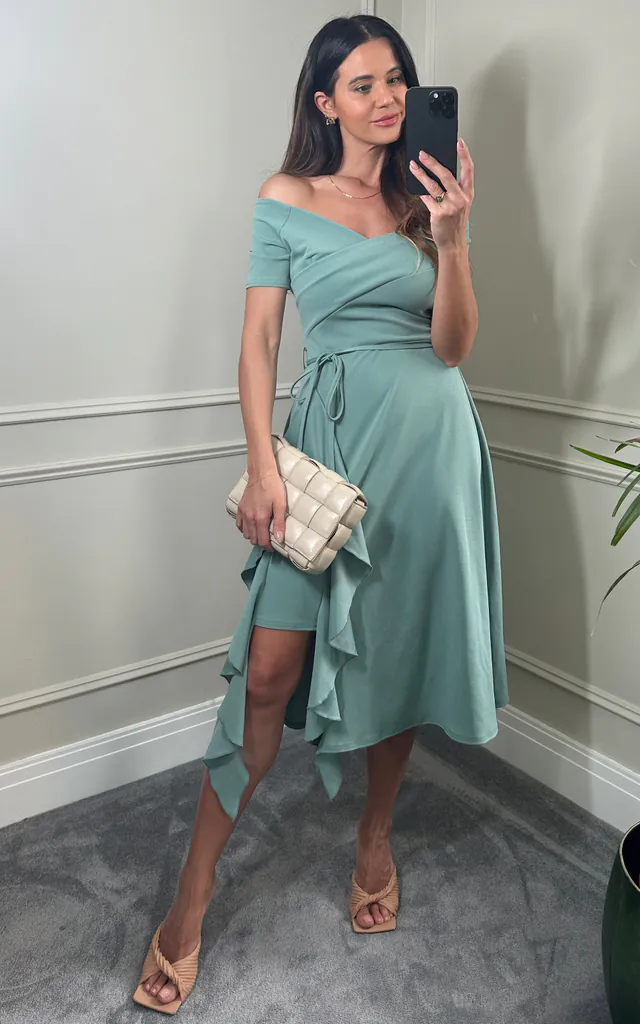 Bardot Off Shoulder Frill Midi Dress Light Sage Green | Feverfish | SilkFred Bardot Off Shoulder Frill Midi Dress Light Sage Green | Feverfish | SilkFred