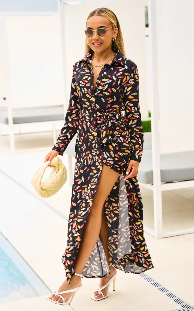 Petite Leaf print shirt dress In Black | FS Collection | SilkFred Petite Leaf print shirt dress In Black | FS Collection | SilkFred
