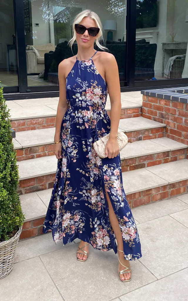 Navy Floral Halter Neck Maxi Dress | Izabel London | SilkFred Navy Floral Halter Neck Maxi Dress | Izabel London | SilkFred