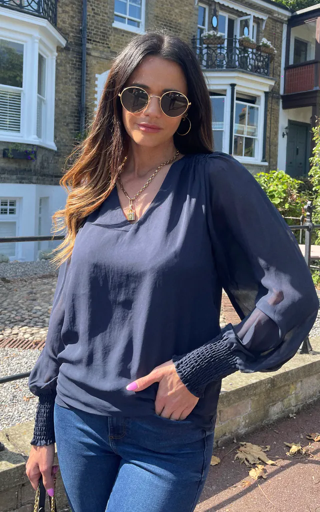 Vila long sleeve v neck blouse with shoulder ruffles in blue print Vila long sleeve v neck blouse with shoulder ruffles in blue print
